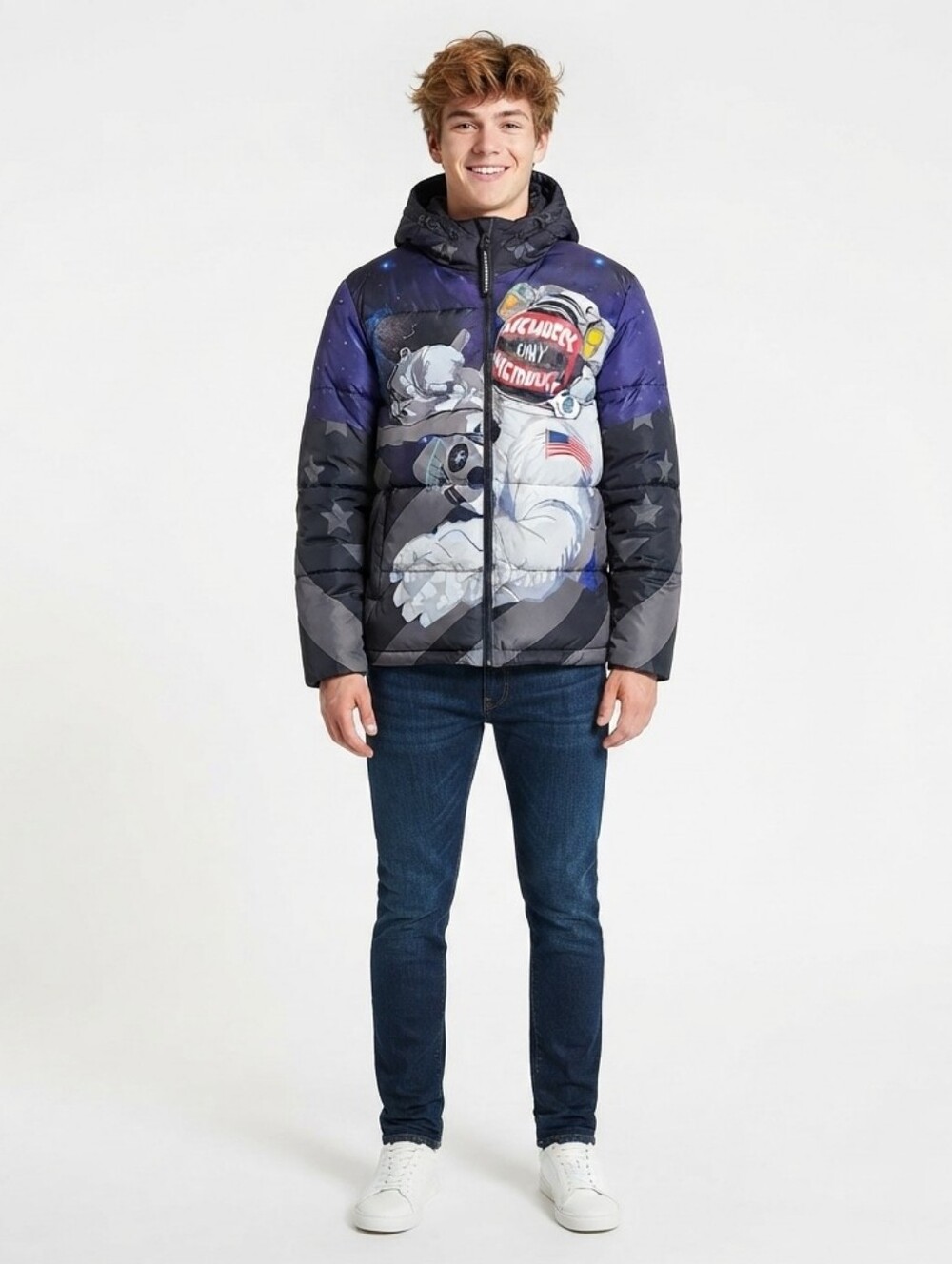 NWT Members Only Astronaut Graphic Puffer Jacket Black and Blue Medium